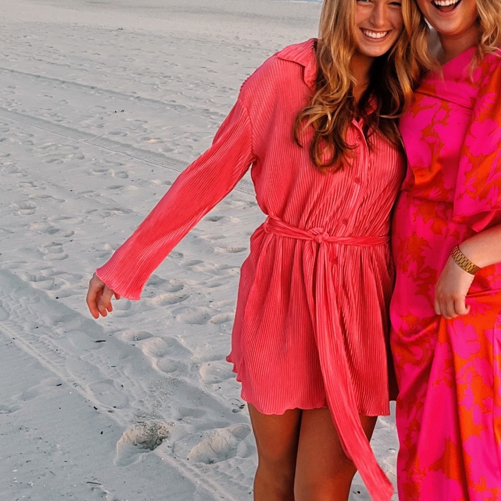 Pink Plisse Button Down Dress